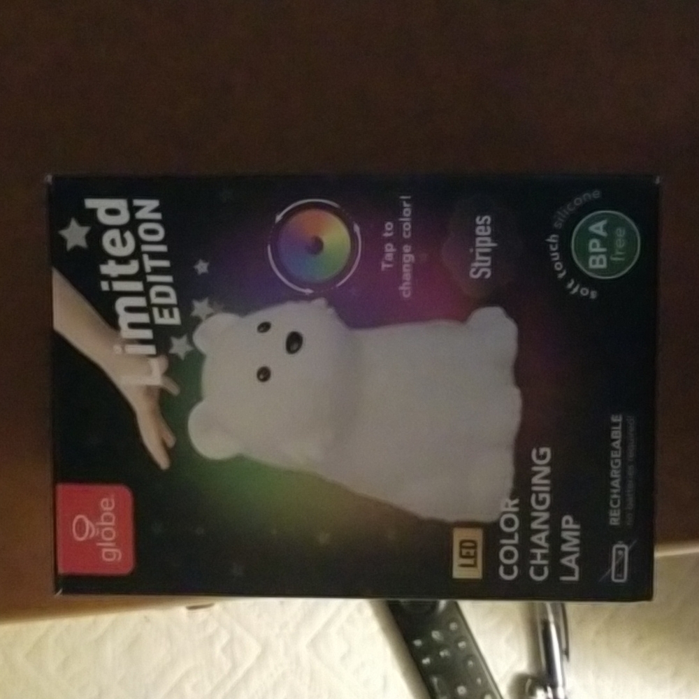 Color changing lamp by globe.  Soft touch silicone. Also rechargeable.